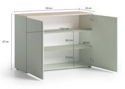 Kommode mit zwei offenen Türen, drei Regalböden, Maße: 120 cm Breite, 87 cm Höhe, 43 cm Tiefe, Perspektive von vorne links