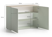 Kommode mit zwei offenen Türen, drei Regalböden, Maße: 120 cm Breite, 87 cm Höhe, 43 cm Tiefe, Perspektive von vorne links