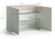 Commode met twee open deuren en drie planken, afmetingen: 120 cm breed, 87 cm hoog, 43 cm diep, aanzicht van links vooraan