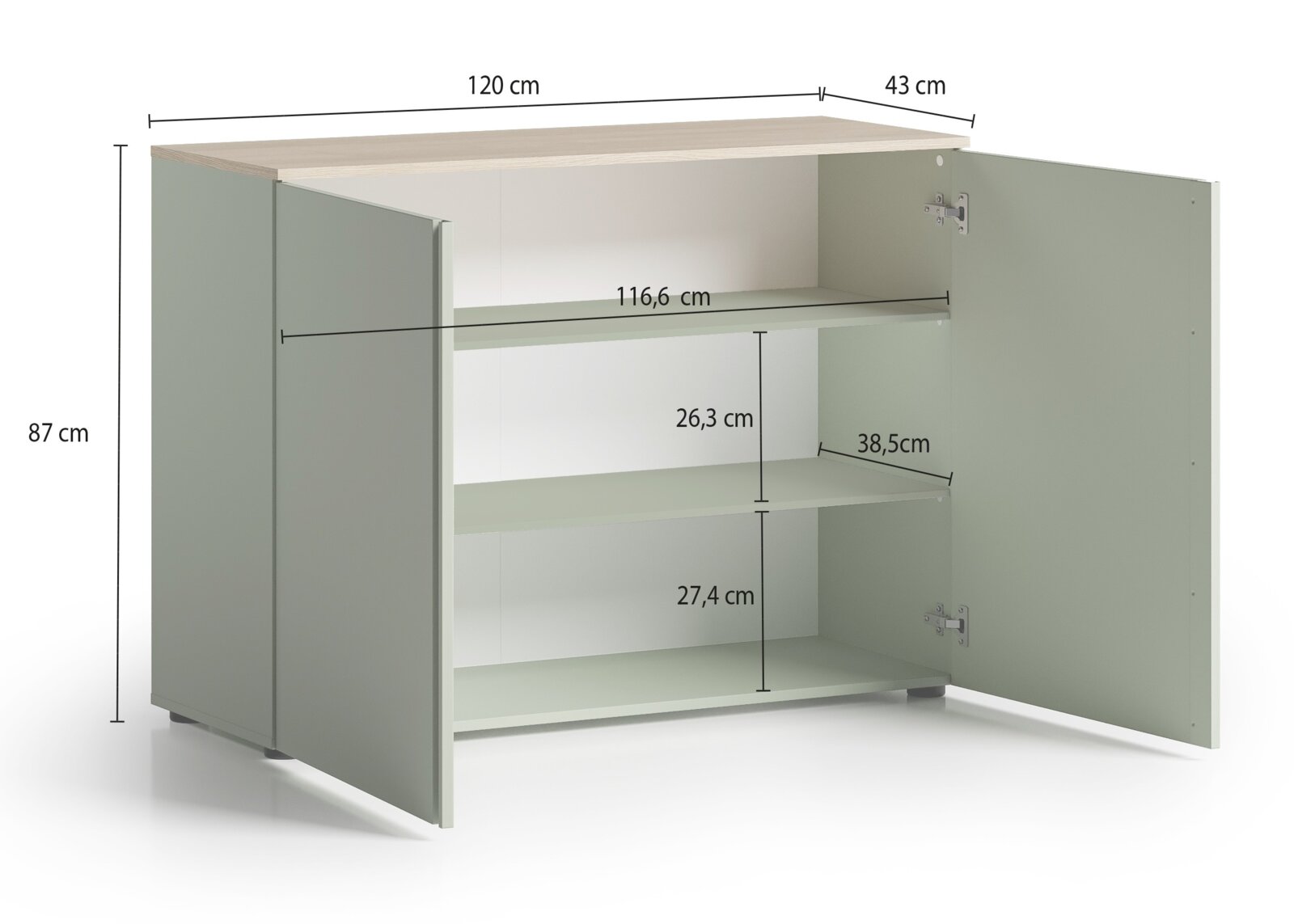 Commode met twee open deuren en drie planken, afmetingen: 120 cm breed, 87 cm hoog, 43 cm diep, aanzicht van links vooraan