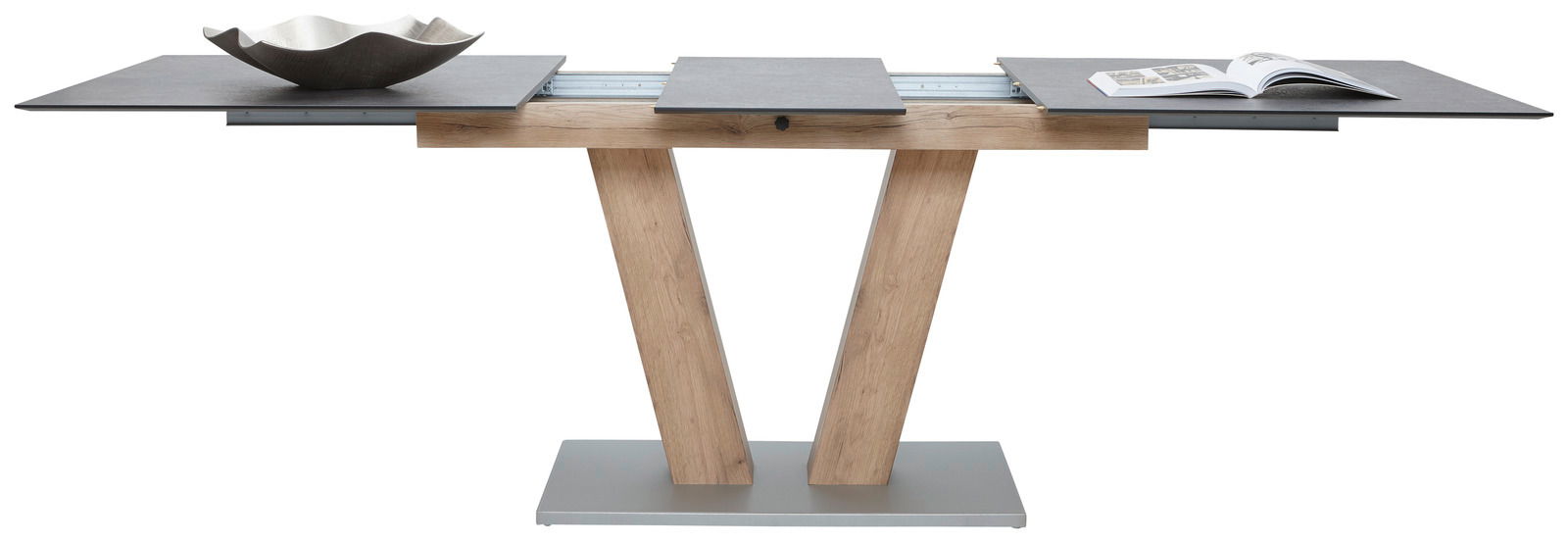 Moderner Esstisch mit erweiterbarer Tischplatte, Holzgestell in V-Form und Metallfuß, seitliche Perspektive