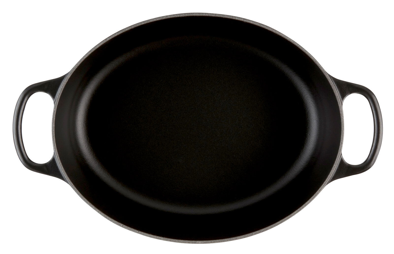 Schwarzer ovaler Bräter mit zwei Griffen, Draufsicht