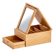 Schmuckkästchen aus Holz mit Spiegel, geöffnete Schublade und Fächer, seitliche Perspektive