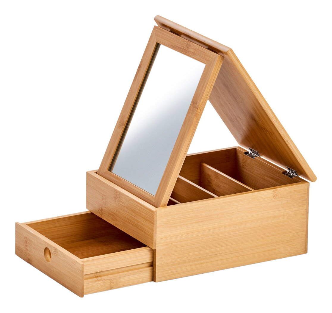 Schmuckkästchen aus Holz mit Spiegel, geöffnete Schublade und Fächer, seitliche Perspektive