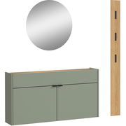 Garderobe Set bestehend aus einem runden Spiegel, einem grünen Wandregal mit zwei Türen und einer Holzleiste mit Haken, frontal abgebildet.