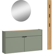 Garderobe Set bestehend aus einem runden Spiegel, einem grünen Wandregal mit zwei Türen und einer Holzleiste mit Haken, frontal abgebildet.