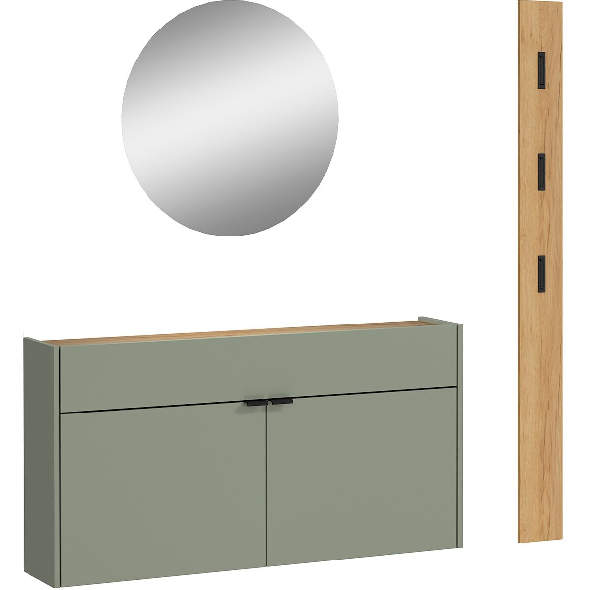 Garderobe Set bestehend aus einem runden Spiegel, einem grünen Wandregal mit zwei Türen und einer Holzleiste mit Haken, frontal abgebildet.