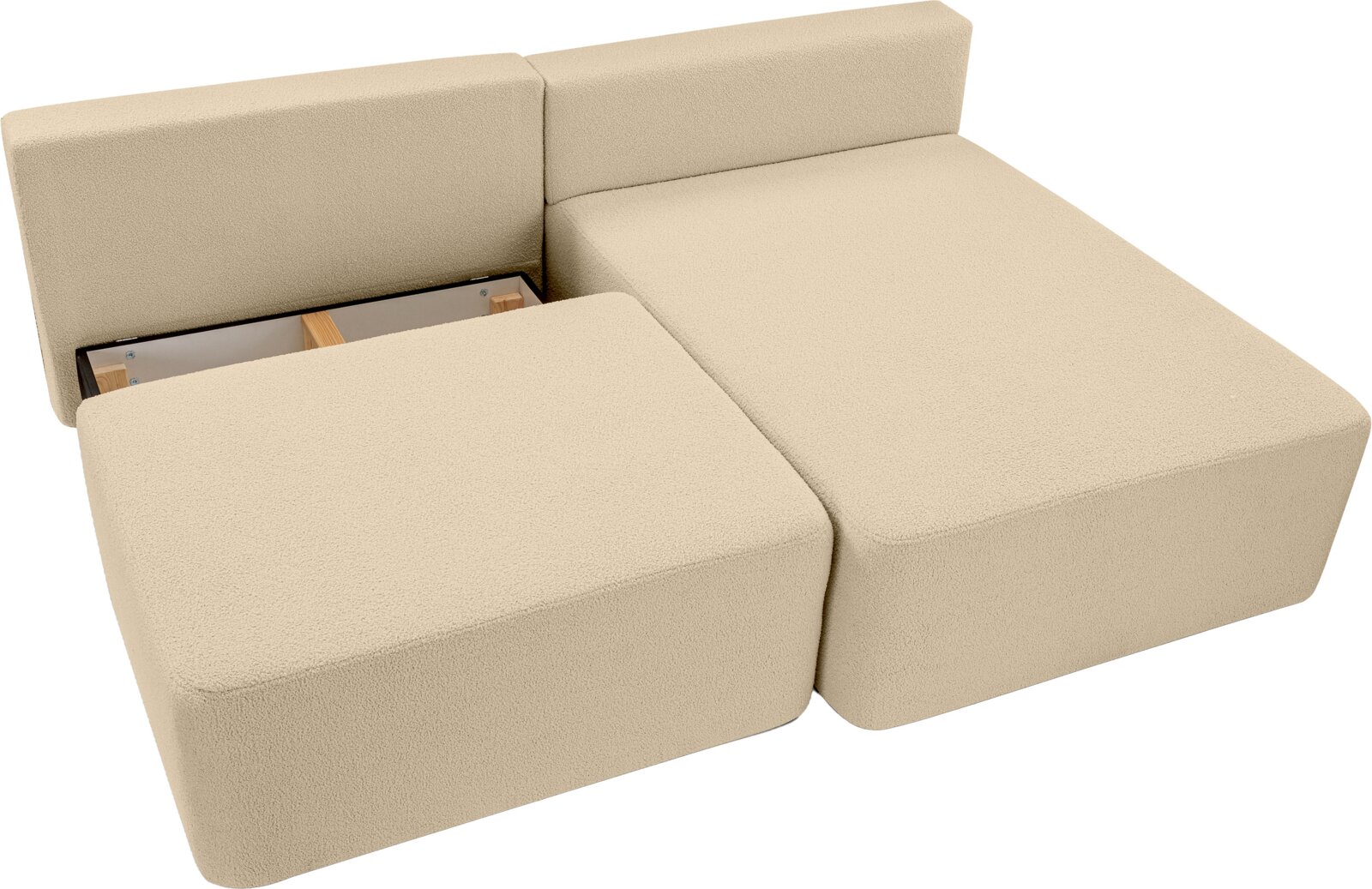 Beige Schlafsofa in L-Form mit Stauraum, Ansicht von oben