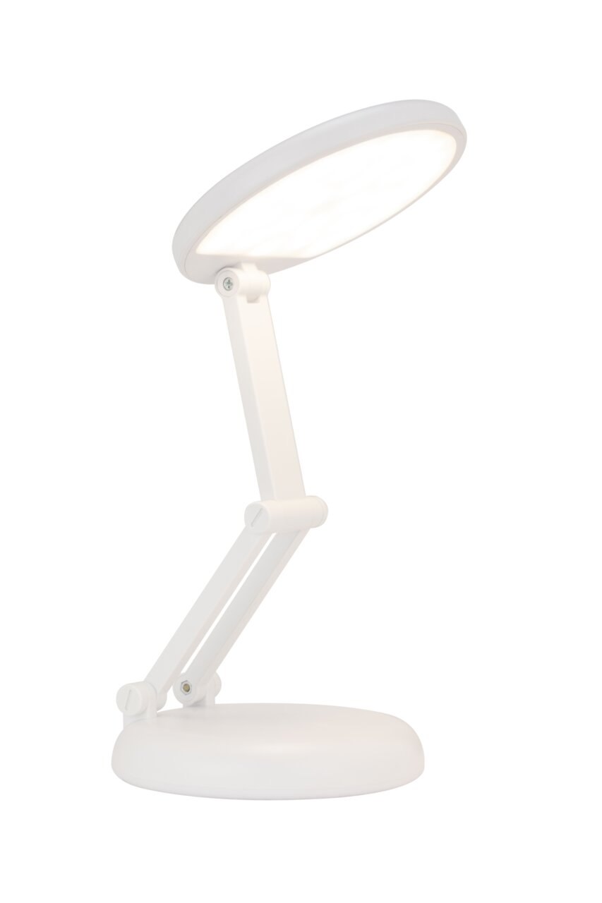 Weiße LED-Schreibtischleuchte mit verstellbarem Arm, seitliche Perspektive