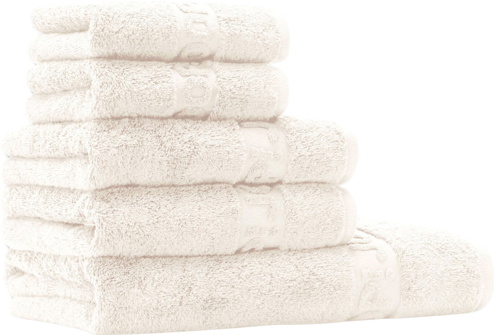 Stapel aus weichen, cremeweißen Frottee-Handtüchern mit dekorativer Bordüre, seitliche Ansicht vor weißem Hintergrund