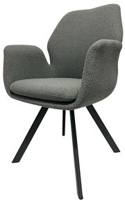 Grauer Sessel mit Armlehnen und schwarzem Metallgestell, seitliche Perspektive