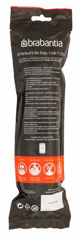 Brabantia 20 Müllbeutel PERFECTFIT, Vorderansicht der Verpackung mit Produktinformationen und Symbolen für einfache Handhabung und Reißfestigkeit.