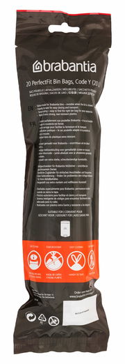 Brabantia 20 Müllbeutel PERFECTFIT, Vorderansicht der Verpackung mit Produktinformationen und Symbolen für einfache Handhabung und Reißfestigkeit.