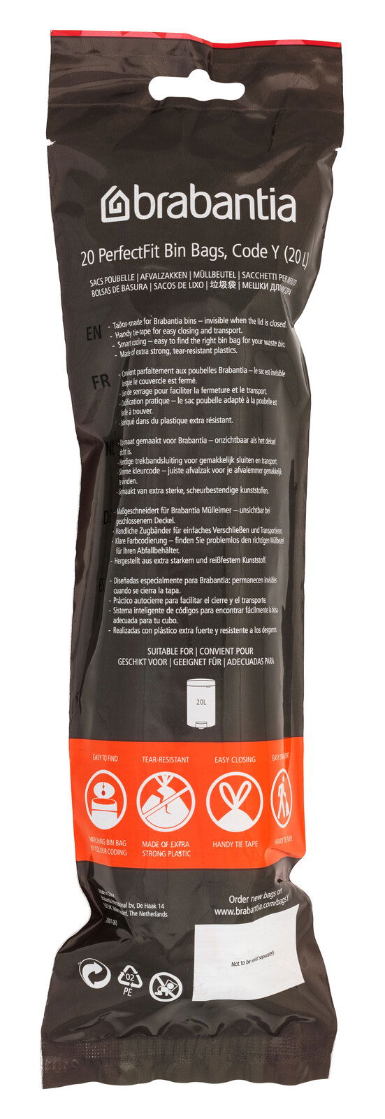 Brabantia 20 Müllbeutel PERFECTFIT, Vorderansicht der Verpackung mit Produktinformationen und Symbolen für einfache Handhabung und Reißfestigkeit.