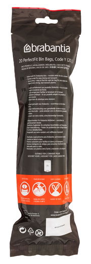 Brabantia 20 Müllbeutel PERFECTFIT, Vorderansicht der Verpackung mit Produktinformationen und Symbolen für einfache Handhabung und Reißfestigkeit.