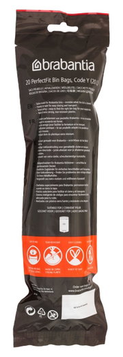 Brabantia 20 Müllbeutel PERFECTFIT, Vorderansicht der Verpackung mit Produktinformationen und Symbolen für einfache Handhabung und Reißfestigkeit.