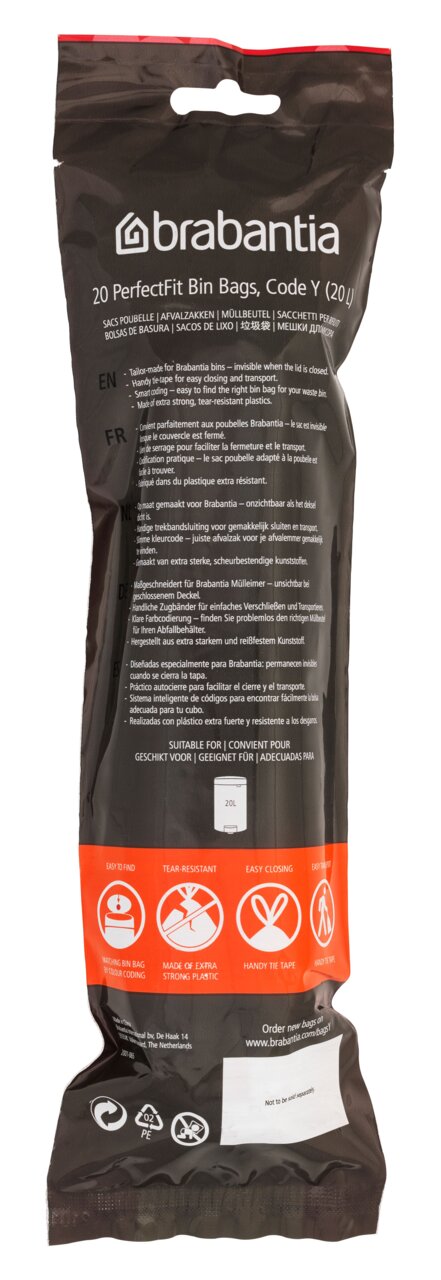 Brabantia 20 vuilniszakken PERFECTFIT, vooraanzicht van de verpakking met productinformatie en symbolen voor gebruiksgemak en scheurvastheid.