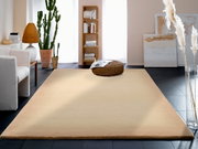 Beige Wollteppich in einem modernen Wohnzimmer mit Pflanzen und Dekorationen, aus der Perspektive des Raumes betrachtet.