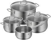 Vier-teiliges Topfset aus Edelstahl, bestehend aus drei Töpfen mit Deckeln und einem Stieltopf, aus der Vogelperspektive fotografiert.