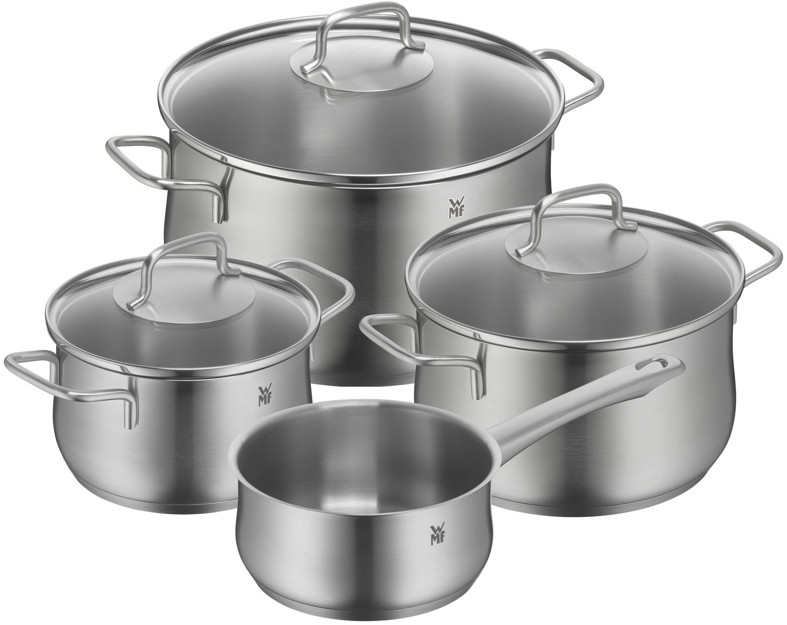 WMF Topfset 4-tlg. BRILLANT Vier-teiliges Topfset aus Edelstahl, bestehend aus drei Töpfen mit Deckeln und einem Stieltopf, aus der Vogelperspektive fotografiert.