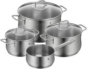 Vier-teiliges Topfset aus Edelstahl, bestehend aus drei Töpfen mit Deckeln und einem Stieltopf, aus der Vogelperspektive fotografiert.