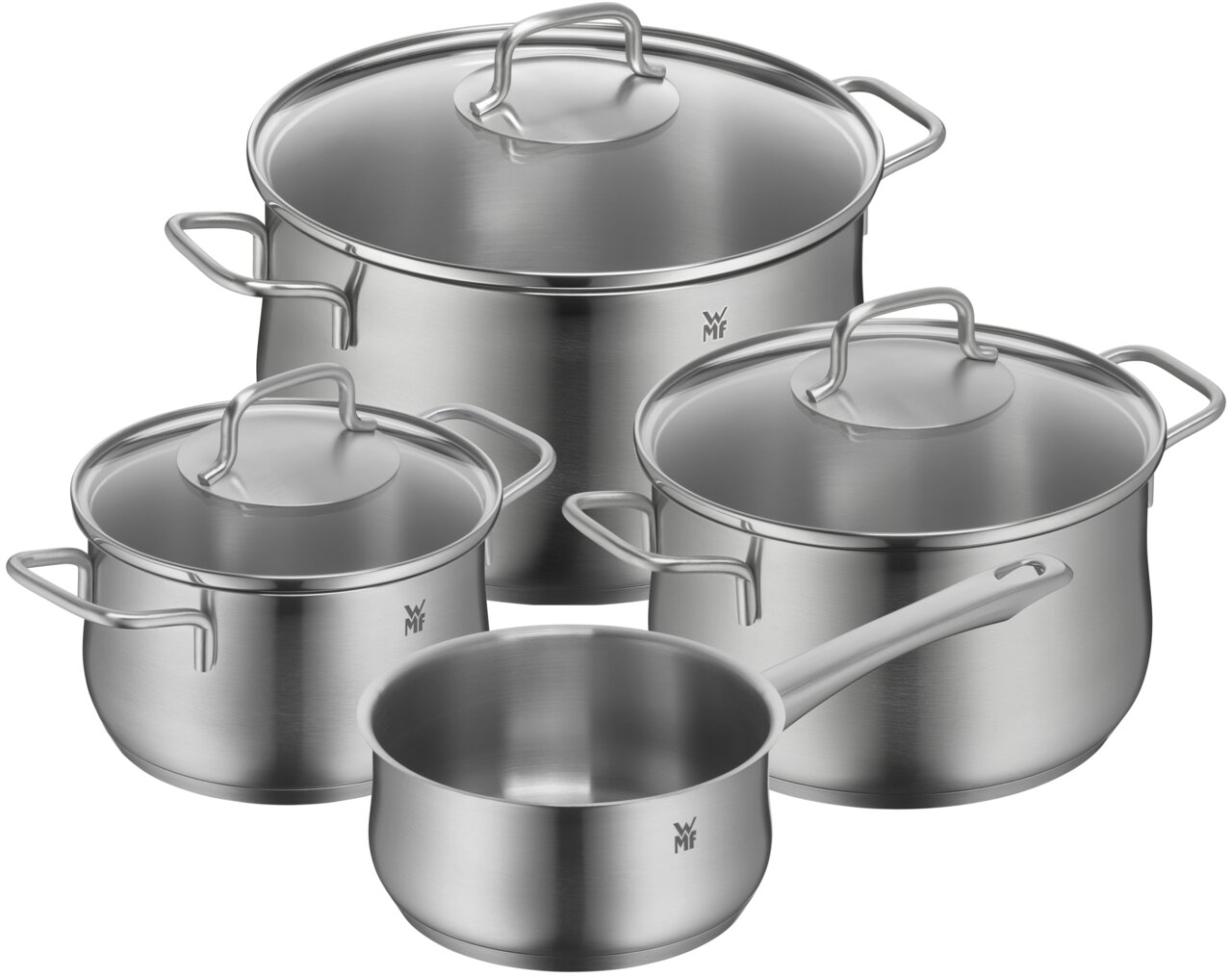 WMF Topfset 4-tlg. BRILLANT Vier-teiliges Topfset aus Edelstahl, bestehend aus drei Töpfen mit Deckeln und einem Stieltopf, aus der Vogelperspektive fotografiert.