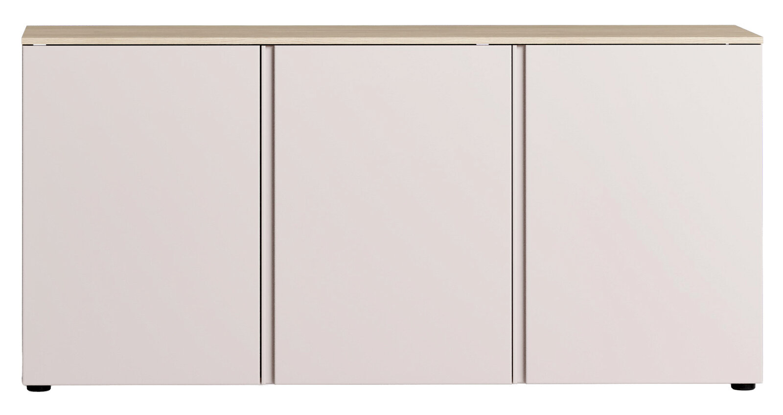 Frontale Ansicht eines modernen Sideboards mit drei Türen und einer hellen Holzoberfläche.