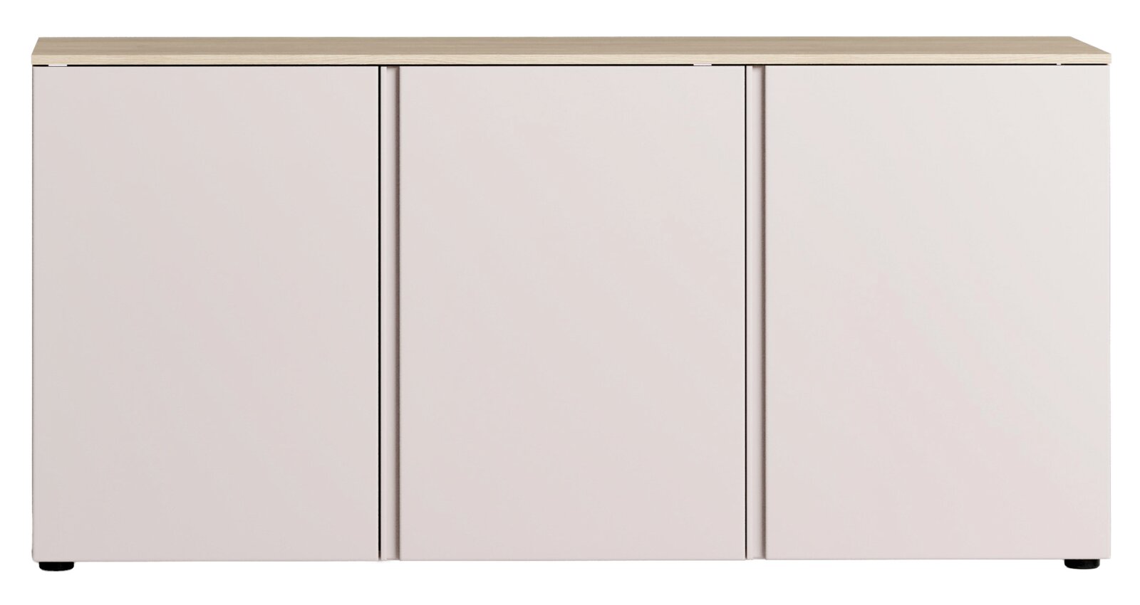 Frontale Ansicht eines modernen Sideboards mit drei Türen und einer hellen Holzoberfläche.