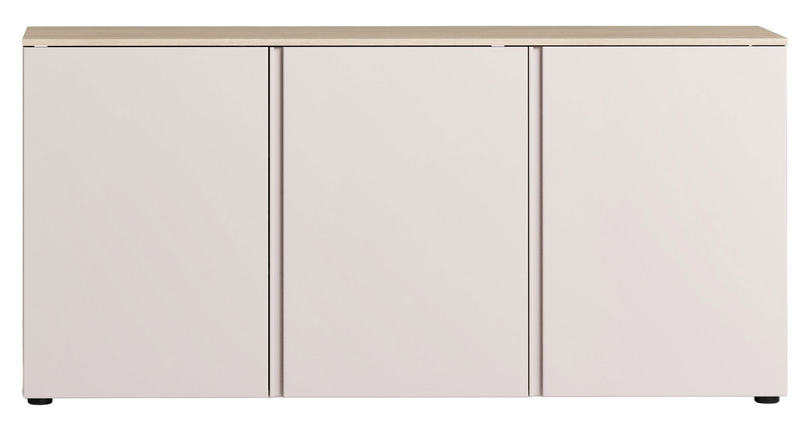 Frontale Ansicht eines modernen Sideboards mit drei Türen und einer hellen Holzoberfläche.