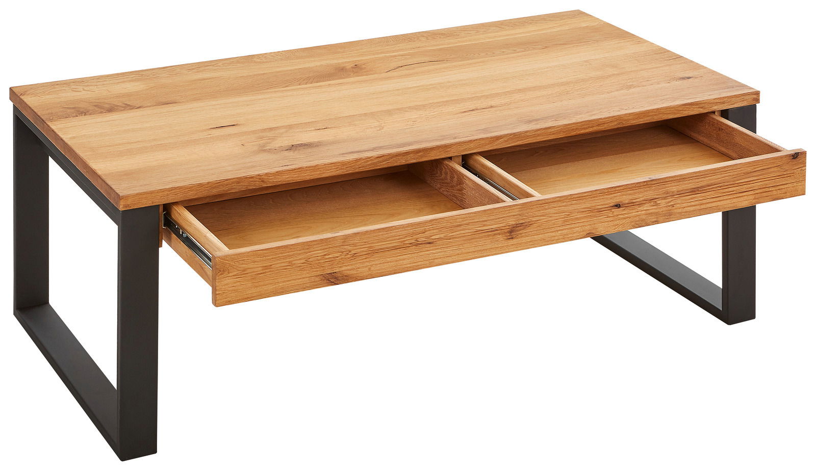Moderner Couchtisch aus Holz mit Metallbeinen und zwei offenen Schubladen, seitliche Perspektive.