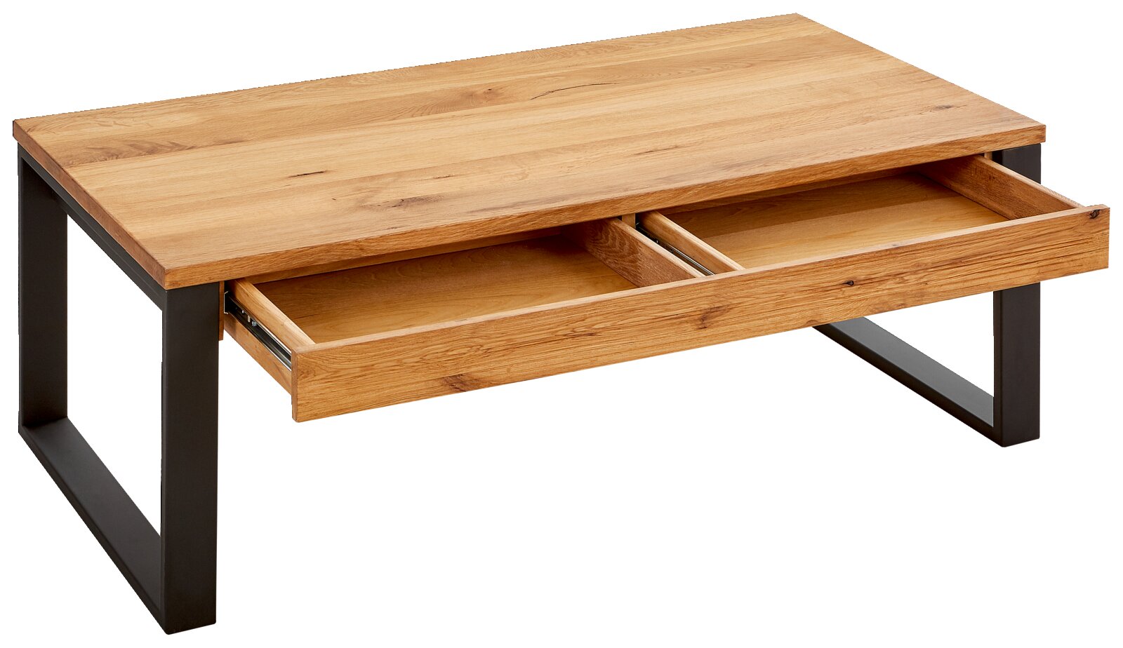 Moderner Couchtisch aus Holz mit Metallbeinen und zwei offenen Schubladen, seitliche Perspektive.