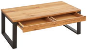 Moderner Couchtisch aus Holz mit Metallbeinen und zwei offenen Schubladen, seitliche Perspektive.