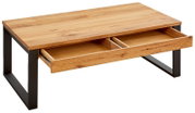 Moderner Couchtisch aus Holz mit Metallbeinen und zwei offenen Schubladen, seitliche Perspektive.