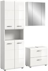 Moderne weiße Badkombination mit Spiegelschrank, Hochschrank und Unterschrank, perspektivisch von vorne gezeigt.