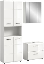 Moderne weiße Badkombination mit Spiegelschrank, Hochschrank und Unterschrank, perspektivisch von vorne gezeigt.