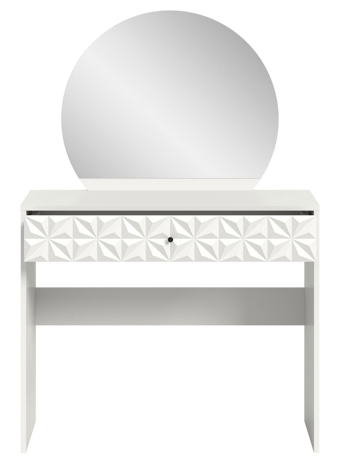 Weißer Schminktisch mit rundem Spiegel und geometrisch gemusterter Schublade, Frontalansicht