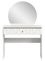 Weißer Schminktisch mit rundem Spiegel und geometrisch gemusterter Schublade, Frontalansicht