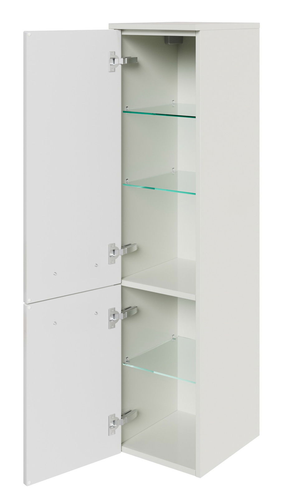 Sadena Midischrank PLAKA Weißer Midischrank mit zwei geöffneten Türen und Glasböden, seitliche Perspektive