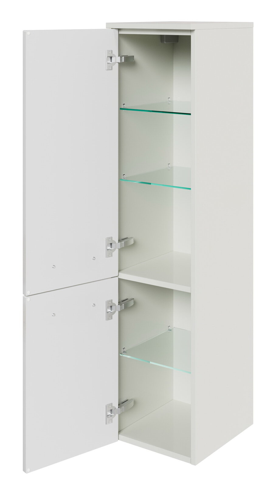 Weißer Midischrank mit zwei geöffneten Türen und Glasböden, seitliche Perspektive