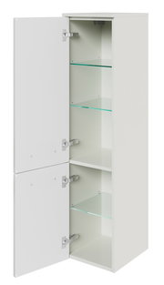 Weißer Midischrank mit zwei geöffneten Türen und Glasböden, seitliche Perspektive