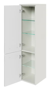 Weißer Midischrank mit zwei geöffneten Türen und Glasböden, seitliche Perspektive