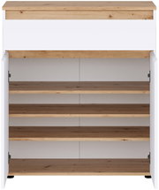 Offener weißer Holzschrank mit naturfarbener Holzplatte und vier dunklen Holzböden, frontal in leichter Aufsicht dargestellt