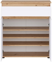 Offener weißer Holzschrank mit naturfarbener Holzplatte und vier dunklen Holzböden, frontal in leichter Aufsicht dargestellt