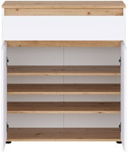 Offener weißer Holzschrank mit naturfarbener Holzplatte und vier dunklen Holzböden, frontal in leichter Aufsicht dargestellt
