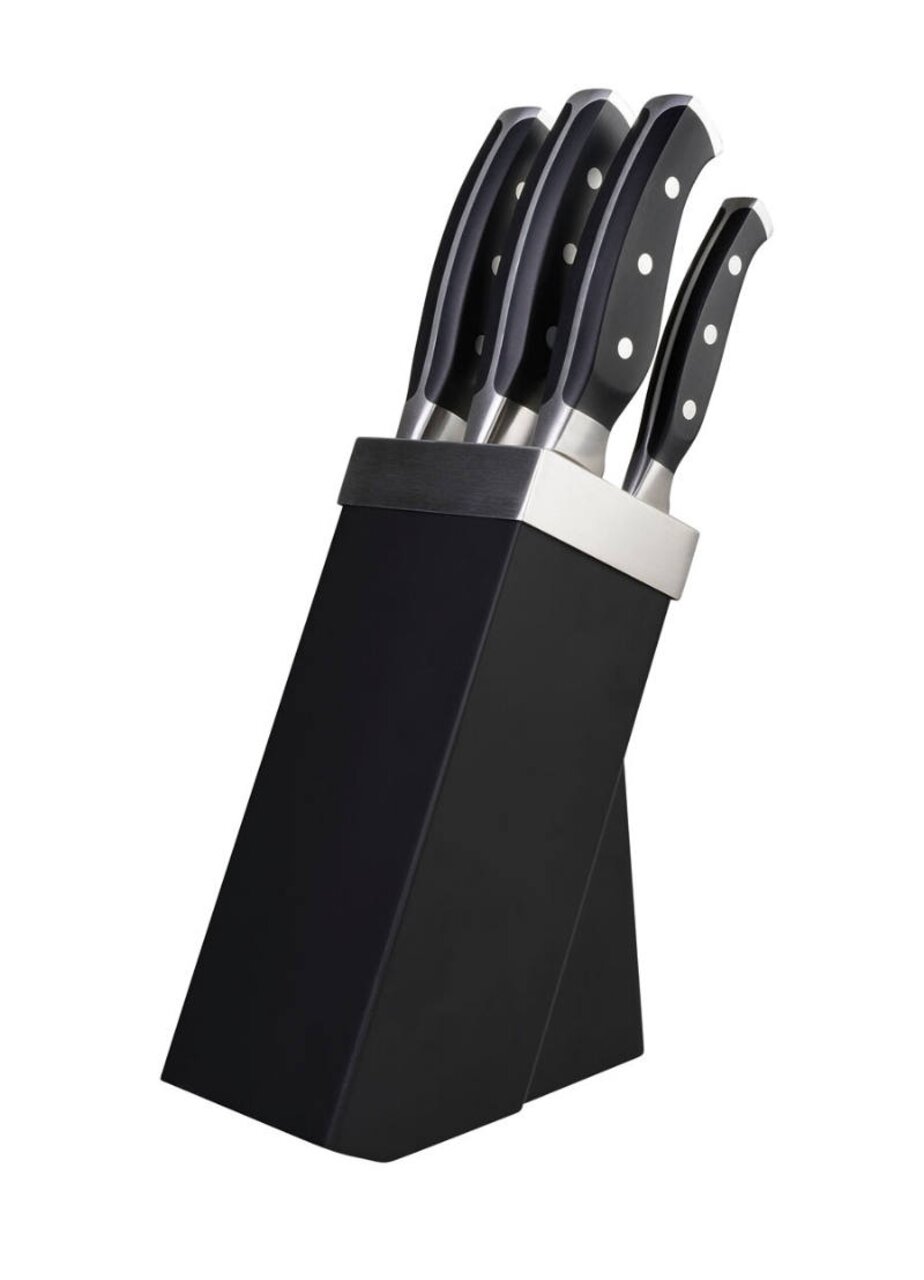 Schwarzer Messerblock mit sechs Messern, seitliche Perspektive