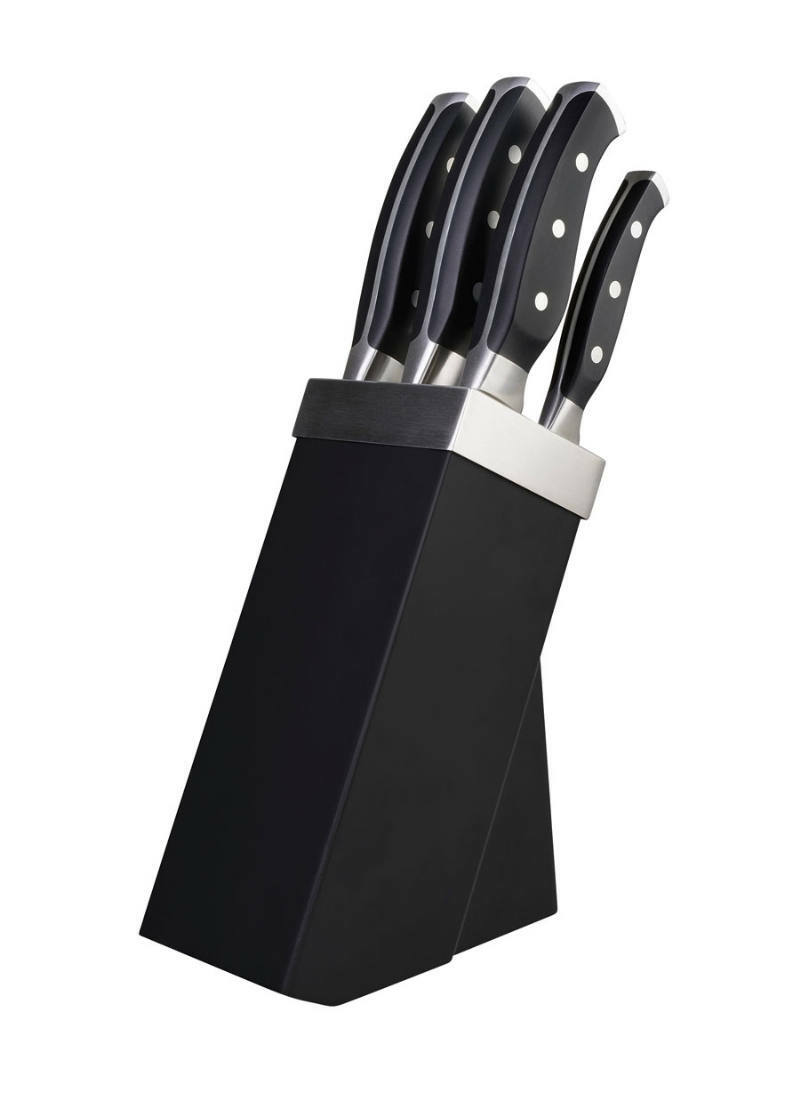 Schwarzer Messerblock mit sechs Messern, seitliche Perspektive