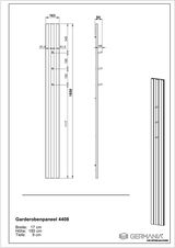 Technische Zeichnung eines Garderobenpaneels 4408 mit den Maßen Breite: 17 cm, Höhe: 185 cm, Tiefe: 9 cm. Vorderansicht, Seitenansicht und perspektivische Ansicht sind dargestellt.