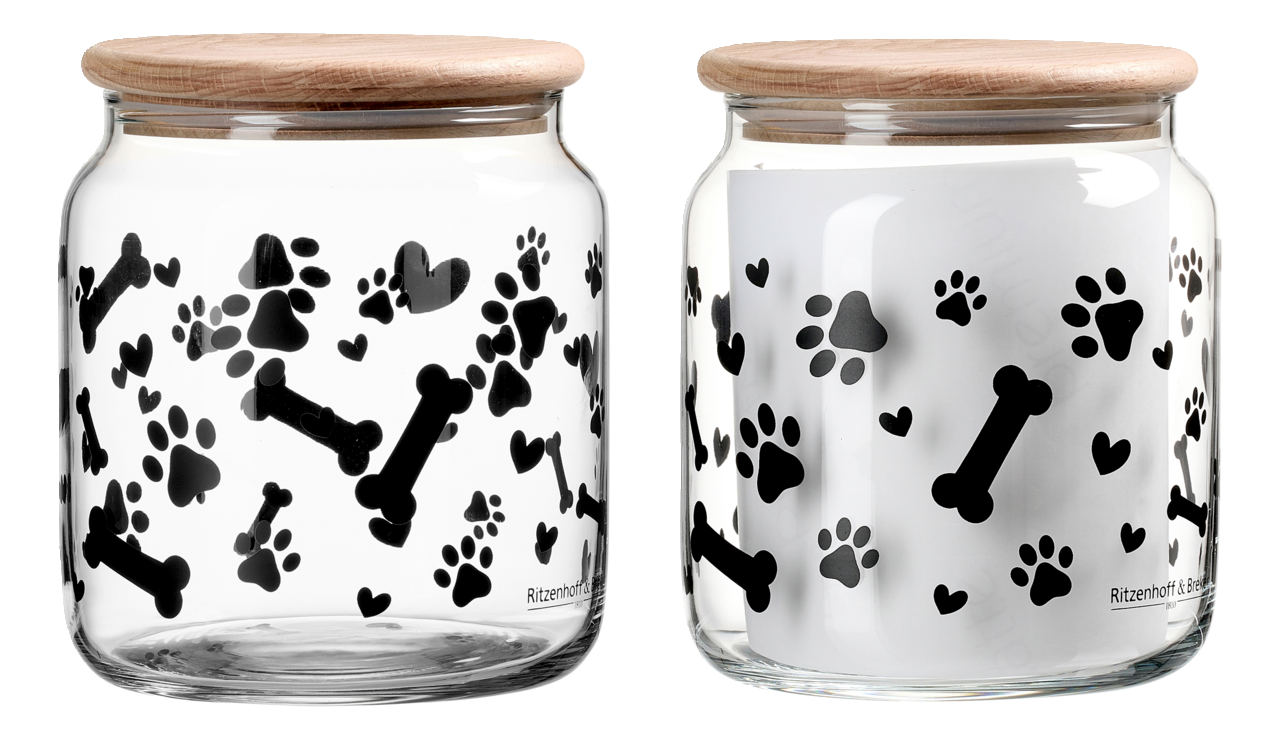 Ritzenhoff & Breker Dose 1,1L Dog MIKA Glasdose mit Holzdeckel, verziert mit schwarzen Pfotenabdrücken, Knochen und Herzen, aus seitlicher Perspektive.