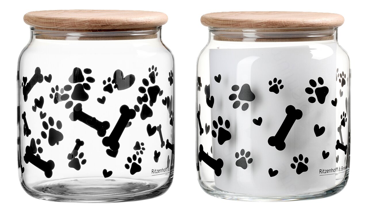 Ritzenhoff & Breker Blik van 1,1 l Dog MIKA Glazen pot met houten deksel, versierd met zwarte pootafdrukken, botten en hartjes, gezien vanaf de zijkant.