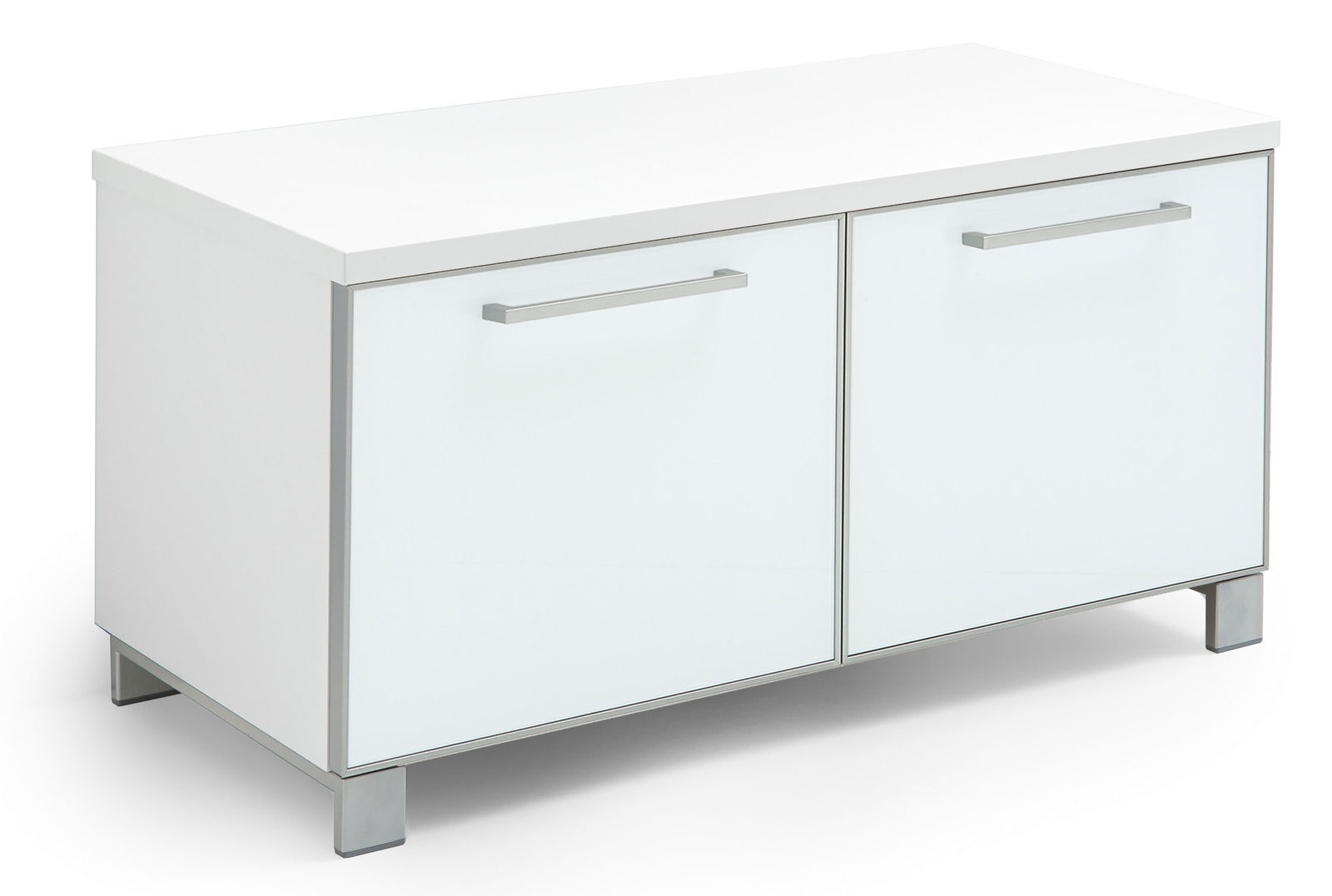 VOSS Garderobenbank SANTINA Weiße Garderobenbank der Serie SANTINA von VOSS mit zwei Türen und silbernen Griffen, seitliche Perspektive